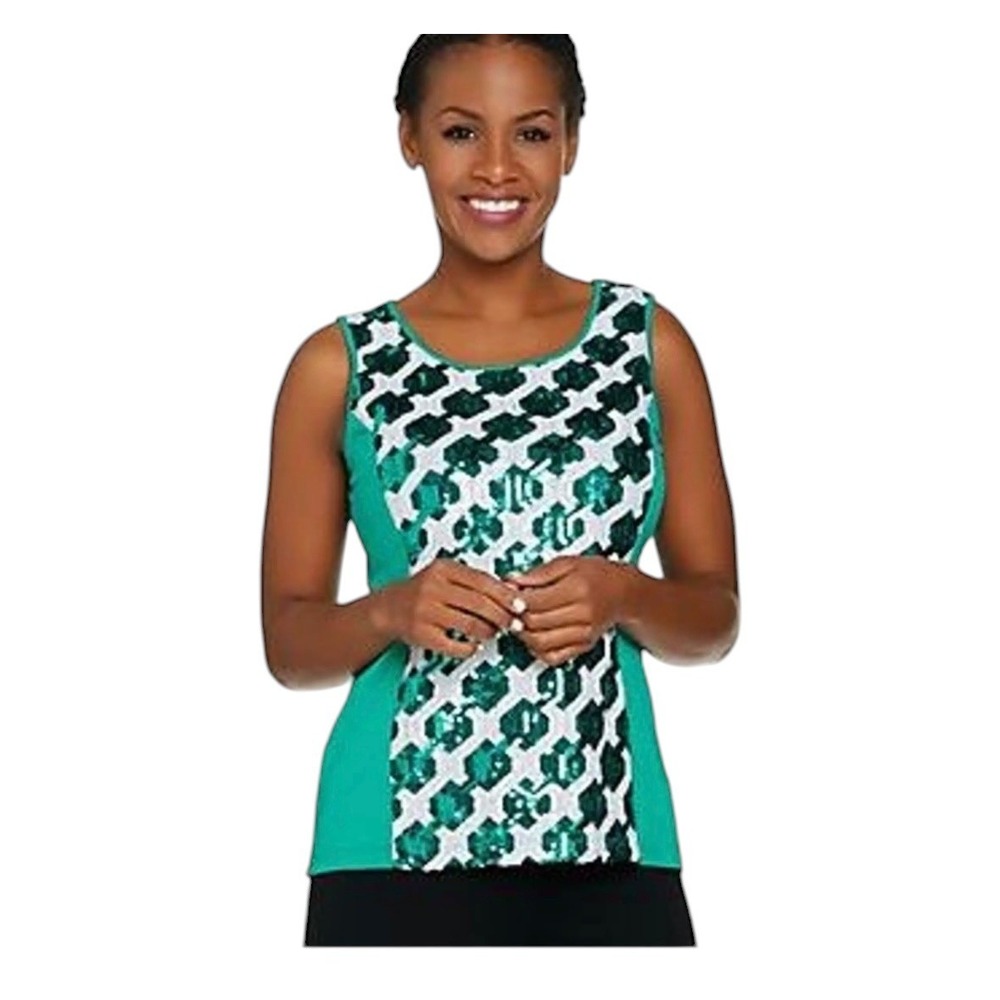 Bob‎ Mackie Wearable Art Green Sequin Geometric Knit Tank Top 3X NEW